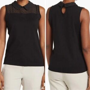Adrianna Papell Black Swiss Dot Mesh Yoke Peter Pan Collared Tank Size Large